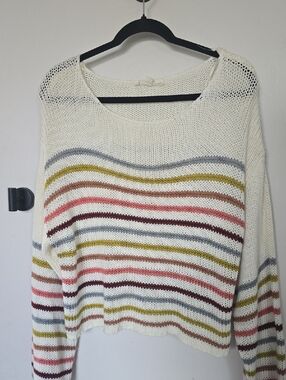 lovestitch Cream Scoop-Neck Striped Knit Sweater with Multicolor Stripes
